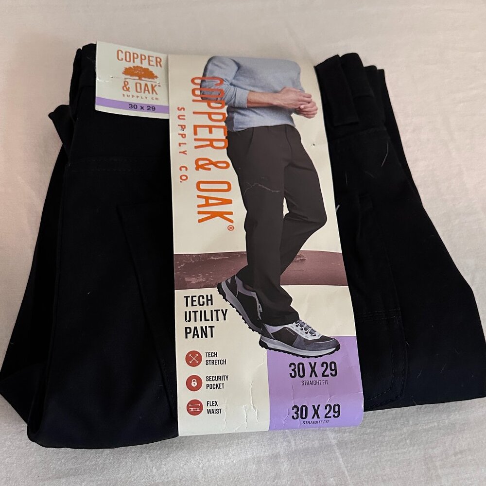 Copper & Oak Men's Tech Stretch Utility Pant Size 30X29 Black Strait Fit (NEW)